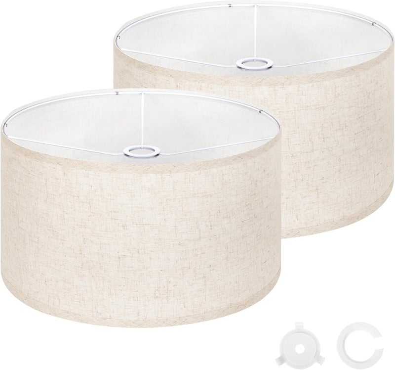 OUTON Beige Lamp shades Set of 2, Large Drum Lamp Shades for Floor Lamps, 16" Top x 16" Bottom x 9" High, Easy to Assemble, Replacement Linen Lampshades for Table Lamps & Bedside Lamps (1.65" Spider) - Image 1